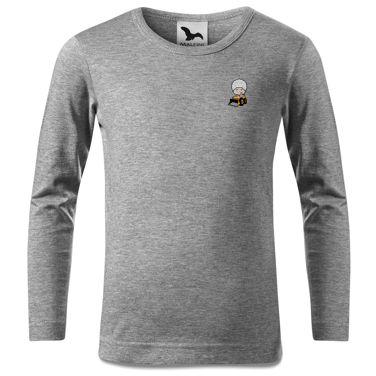 Die Oid Sinzerin Baggerfahrer Longsleeve Kinder Grau Meliert Weinberg Front