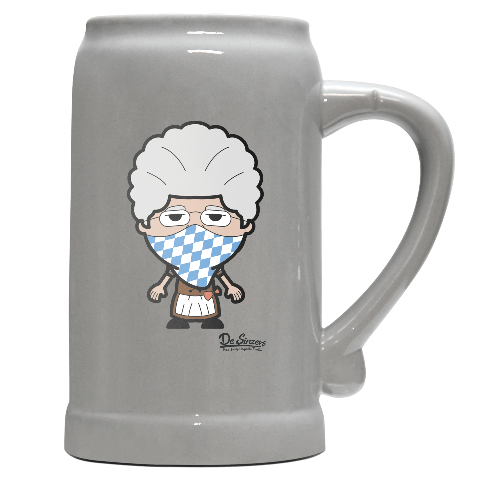 Die Oid Sinzerin Bayrisches Mundtuch Bierkrug 1000ml Grau Zugspitze Front