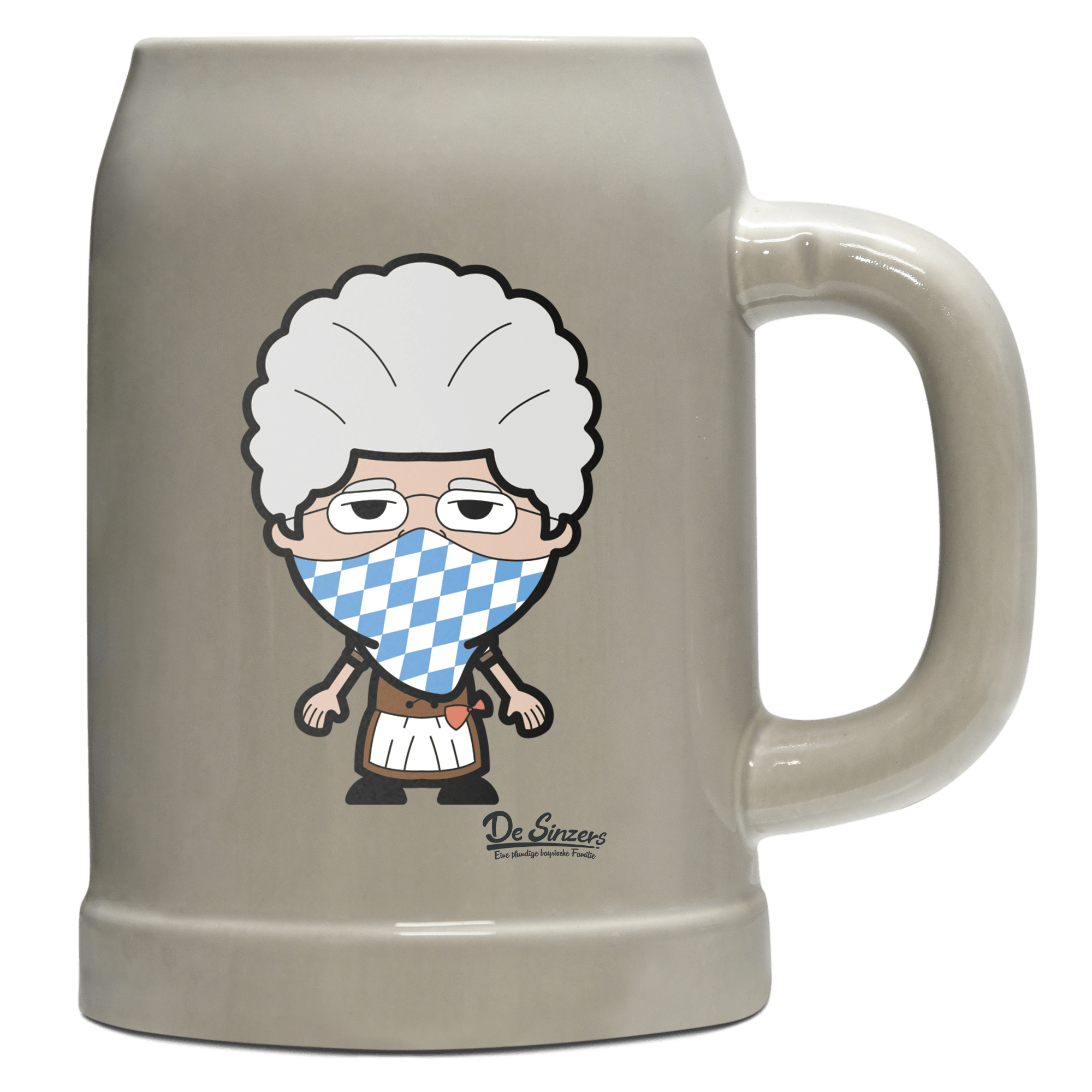 Die Oid Sinzerin Bayrisches Mundtuch Bierkrug 500ml Grau Watzmann Front