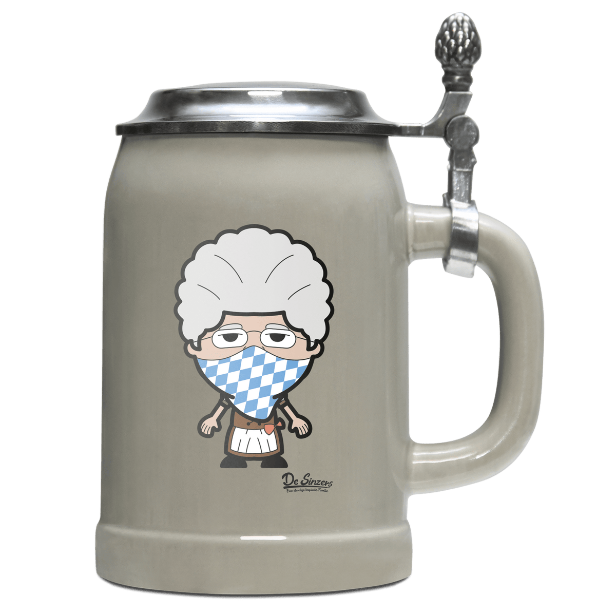 Die Oid Sinzerin Bayrisches Mundtuch Bierkrug 500ml Grau mit Deckel Hocheck Front