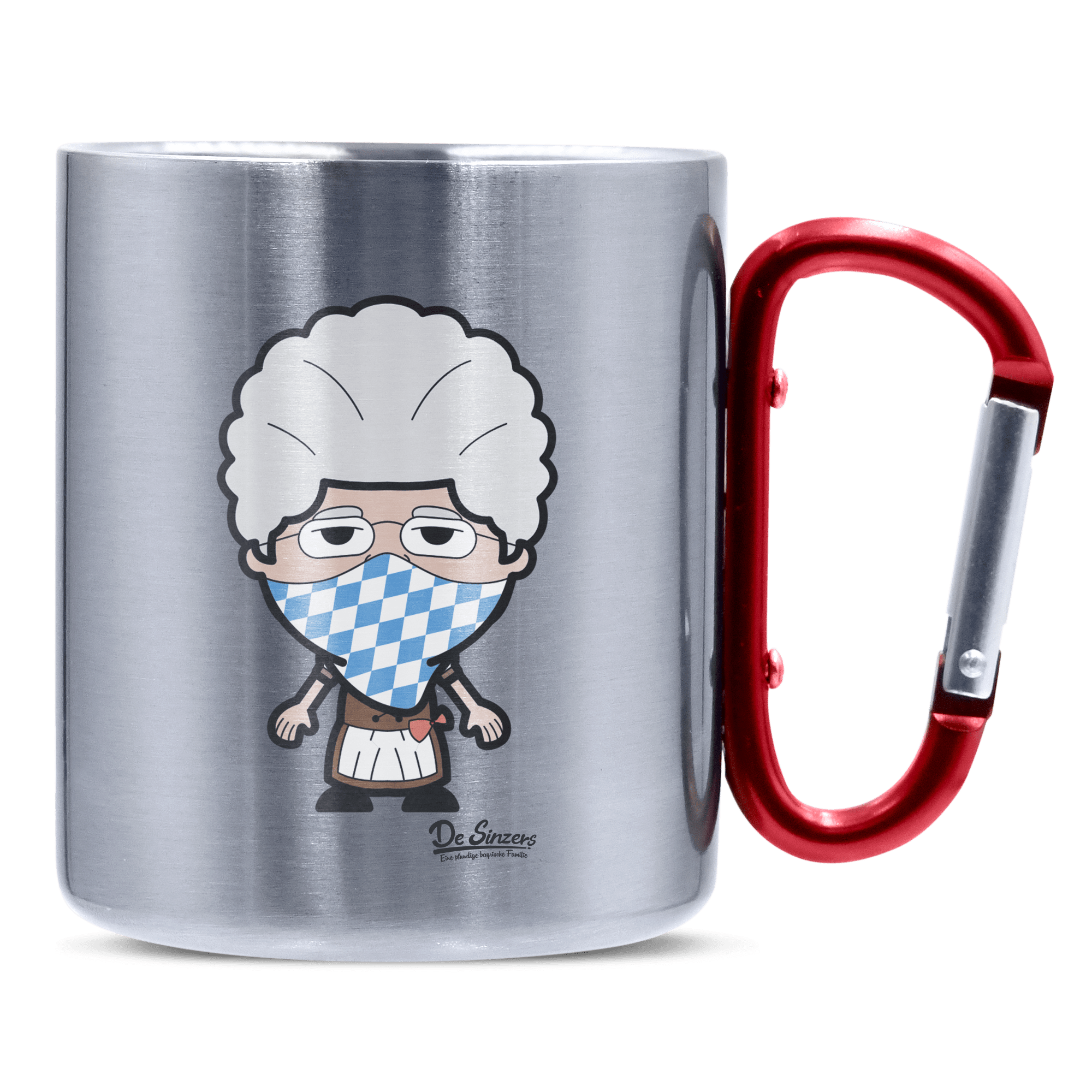 Die Oid Sinzerin Bayrisches Mundtuch Edelstahl Kaffeetasse roter Karabiner 320ml Kitzstein Front