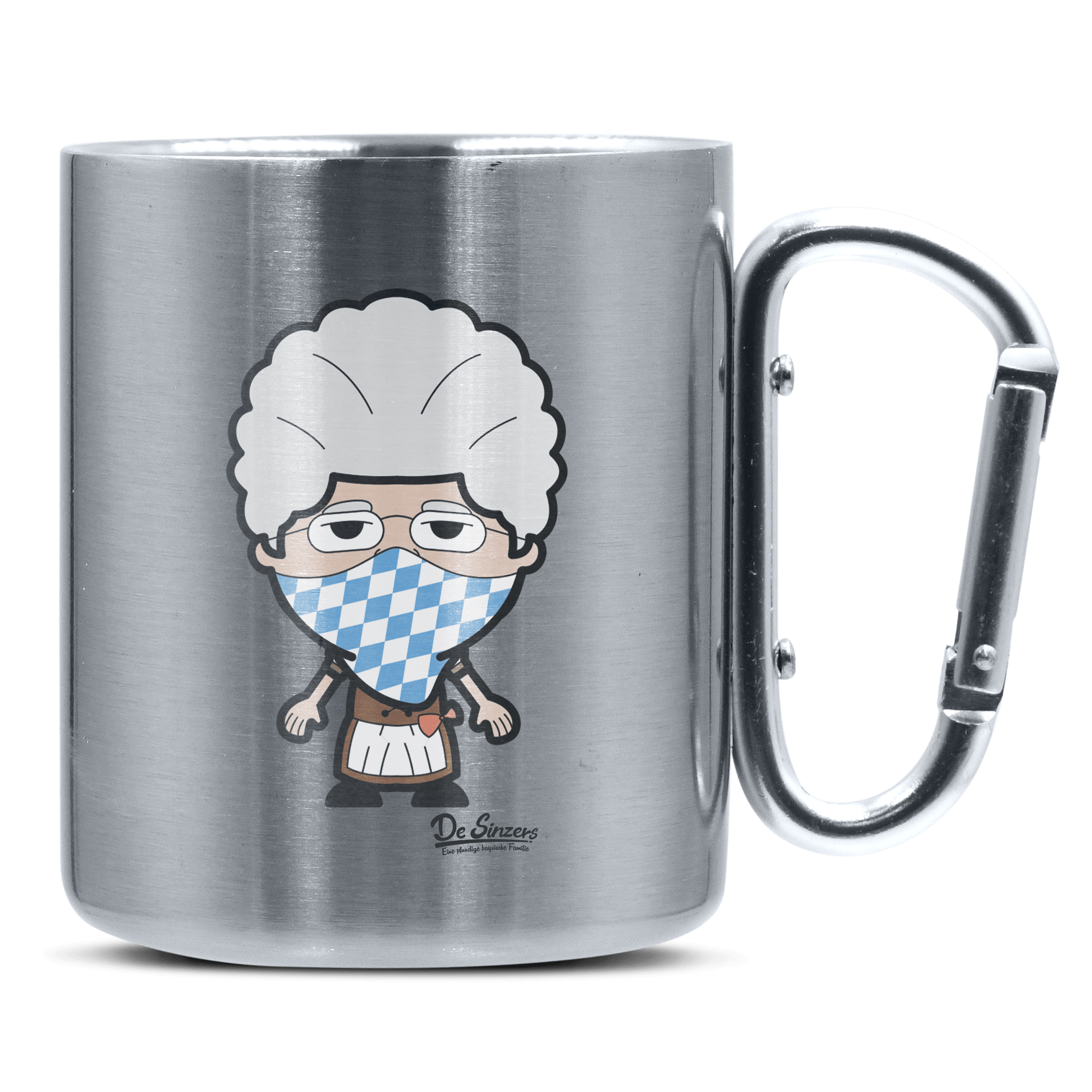 Die Oid Sinzerin Bayrisches Mundtuch Edelstahl Kaffeetasse silberer Karabiner 320ml Grosser Traithen Front