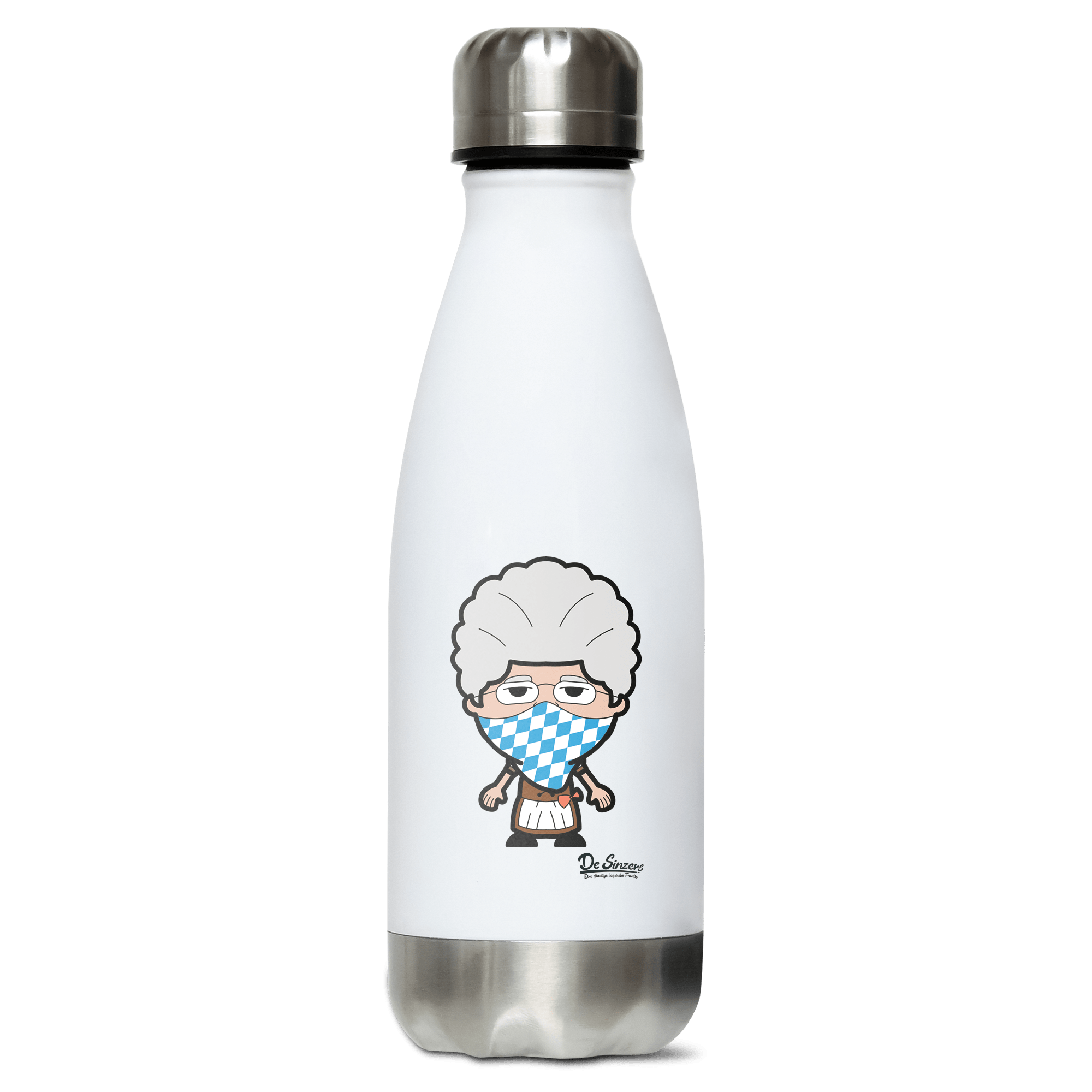 Die Oid Sinzerin Bayrisches Mundtuch Edelstahl Thermoflasche 350ml Weiss Silber Kreuzspitze Front