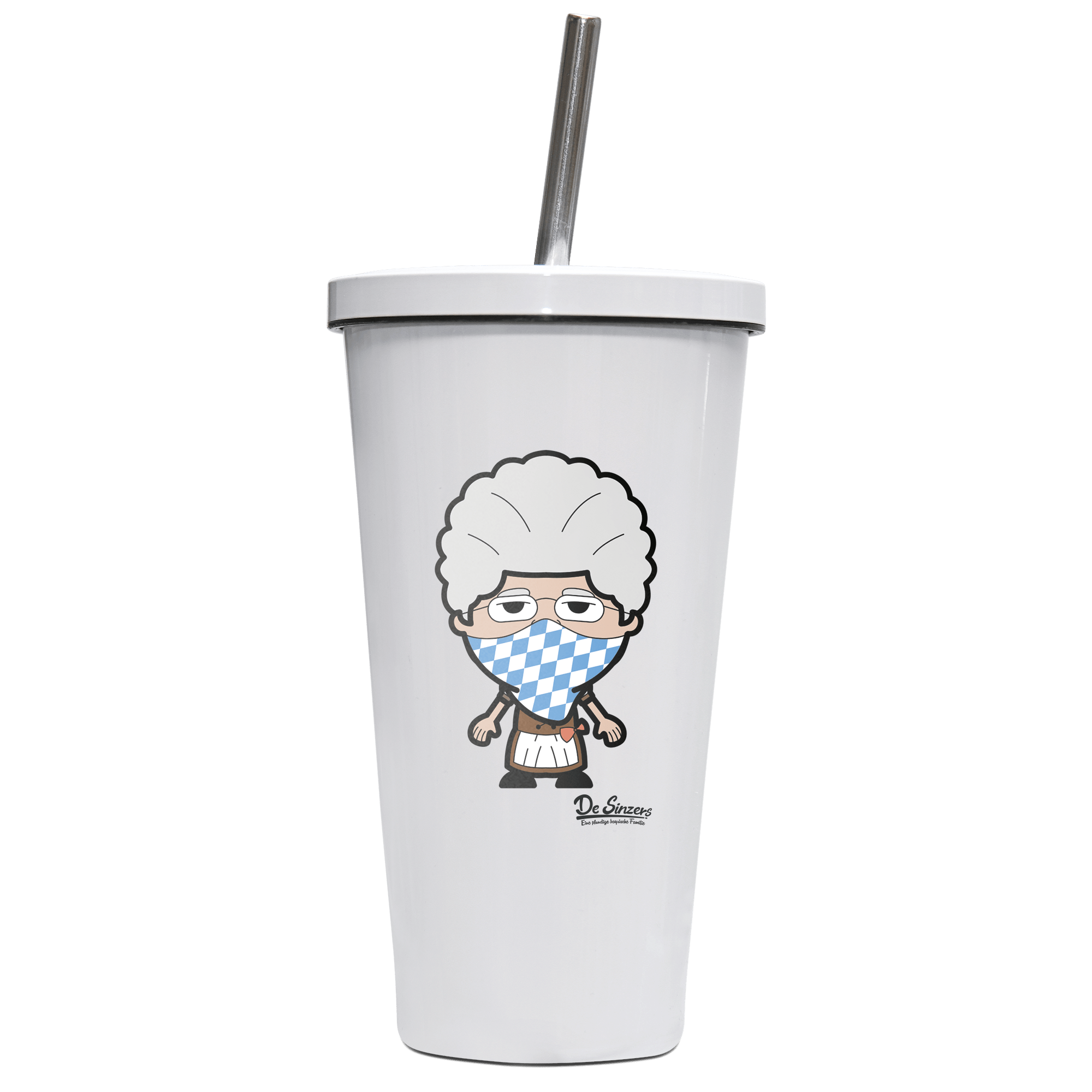 Die Oid Sinzerin Bayrisches Mundtuch Edelstahl Trinkbecher mit Strohhalm 480ml Weiss Krottenkopf Front