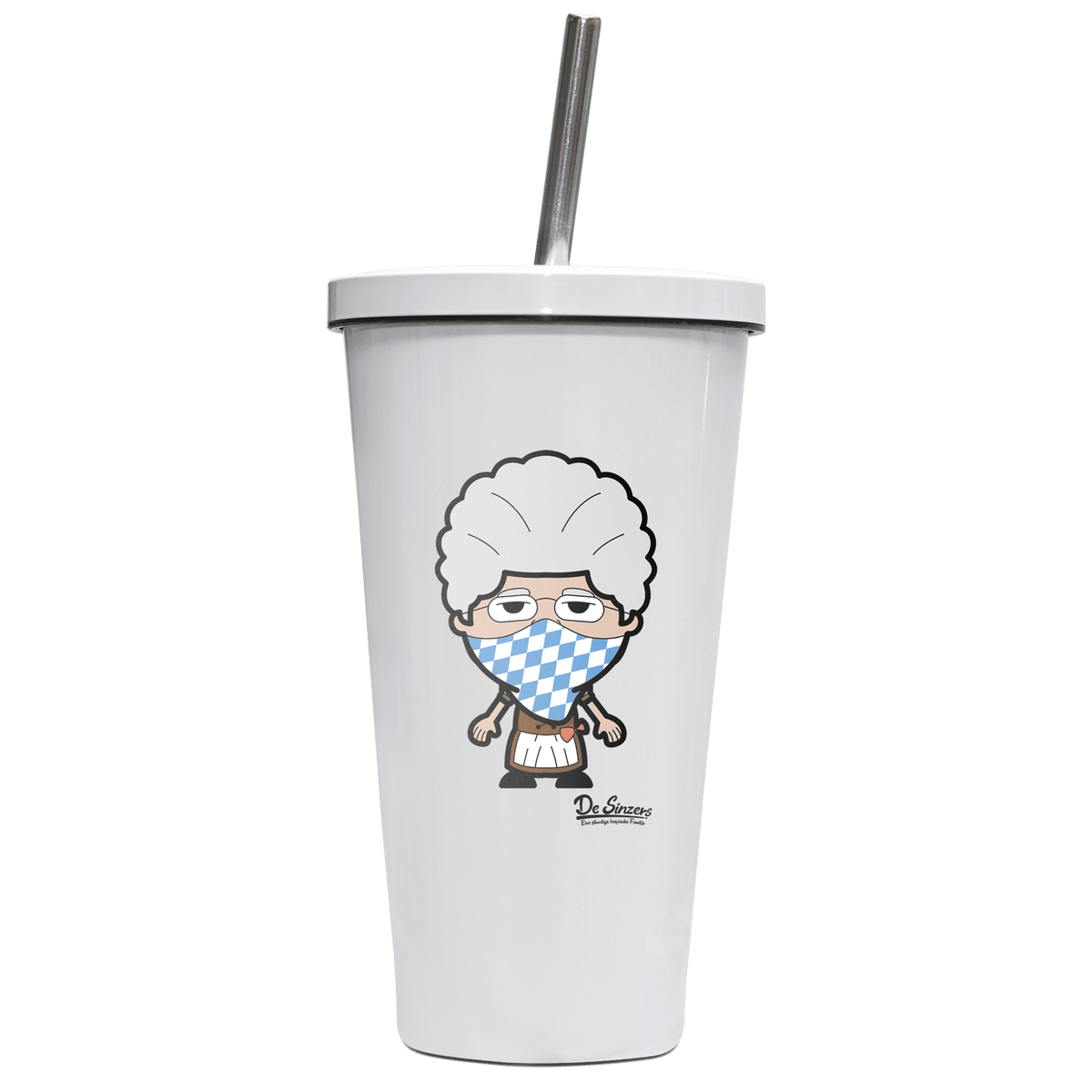 Die Oid Sinzerin Bayrisches Mundtuch Edelstahl Trinkbecher mit Strohhalm 480ml Weiss Krottenkopf Front