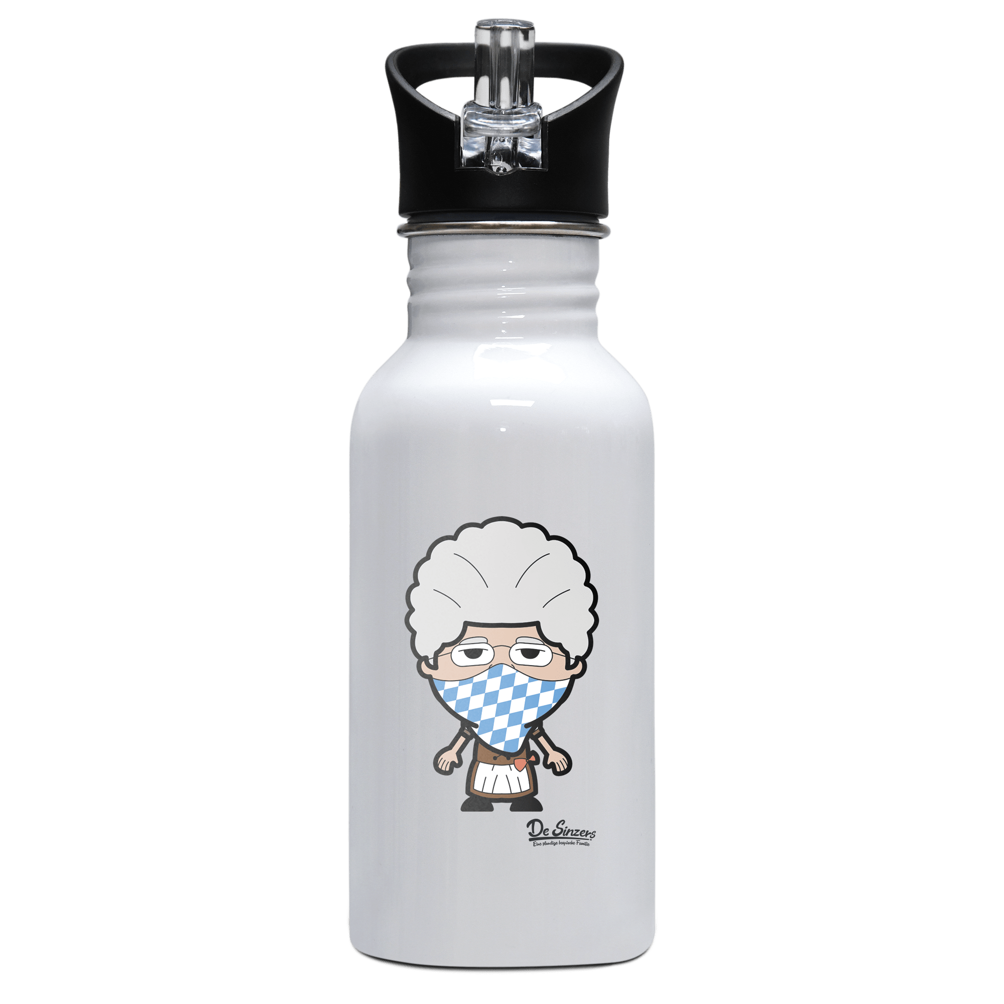 Die Oid Sinzerin Bayrisches Mundtuch Edelstahl Trinkflasche mit klappbarem Mundstueck 500ml Weiss Rotwand Front