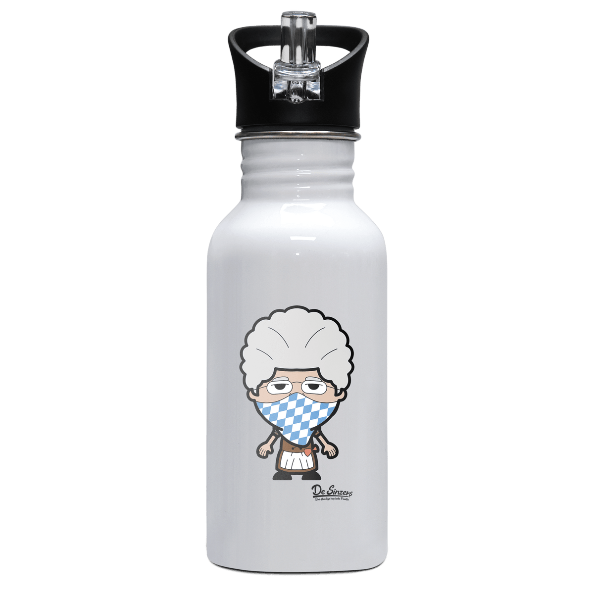 Die Oid Sinzerin Bayrisches Mundtuch Edelstahl Trinkflasche mit klappbarem Mundstueck 500ml Weiss Rotwand Front