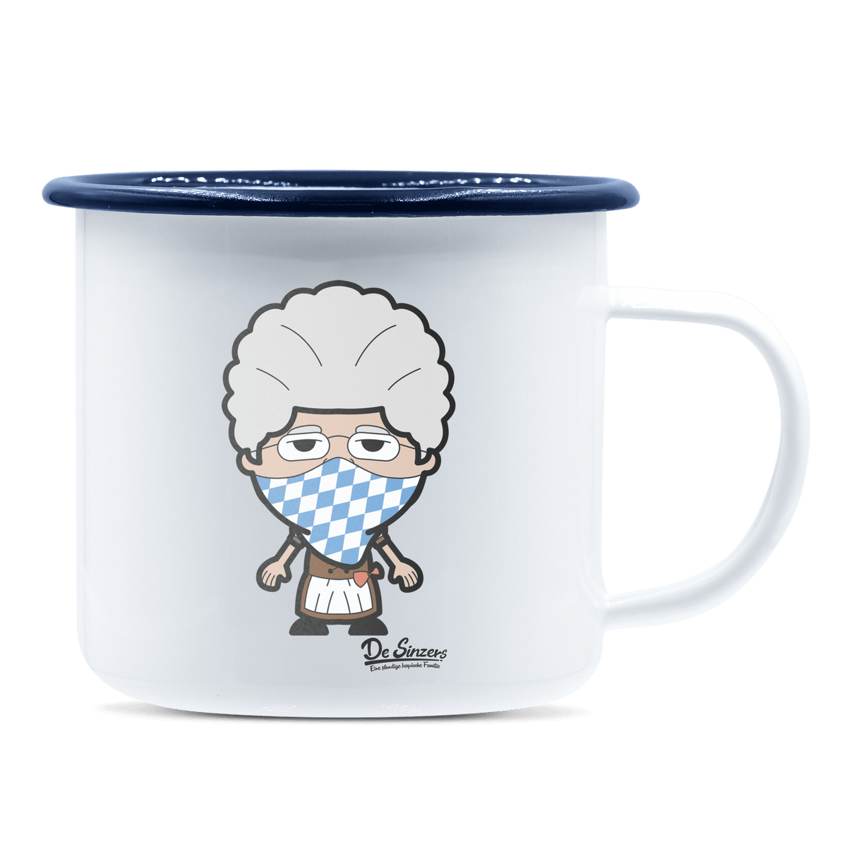 Die Oid Sinzerin Bayrisches Mundtuch Emaille Tasse 375ml Weiss Blau Heuberg Front