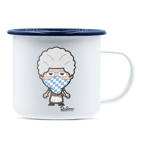 Die Oid Sinzerin Bayrisches Mundtuch Emaille Tasse 375ml Weiss Blau Heuberg Front