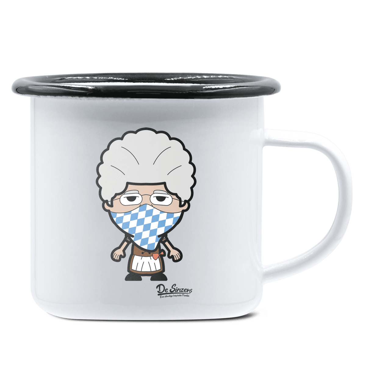 Die Oid Sinzerin Bayrisches Mundtuch Emaille Tasse 375ml Weiss Schwarz Hochries Front 1