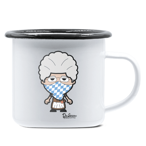 Die Oid Sinzerin Bayrisches Mundtuch Emaille Tasse 375ml Weiss Schwarz Hochries Front 1