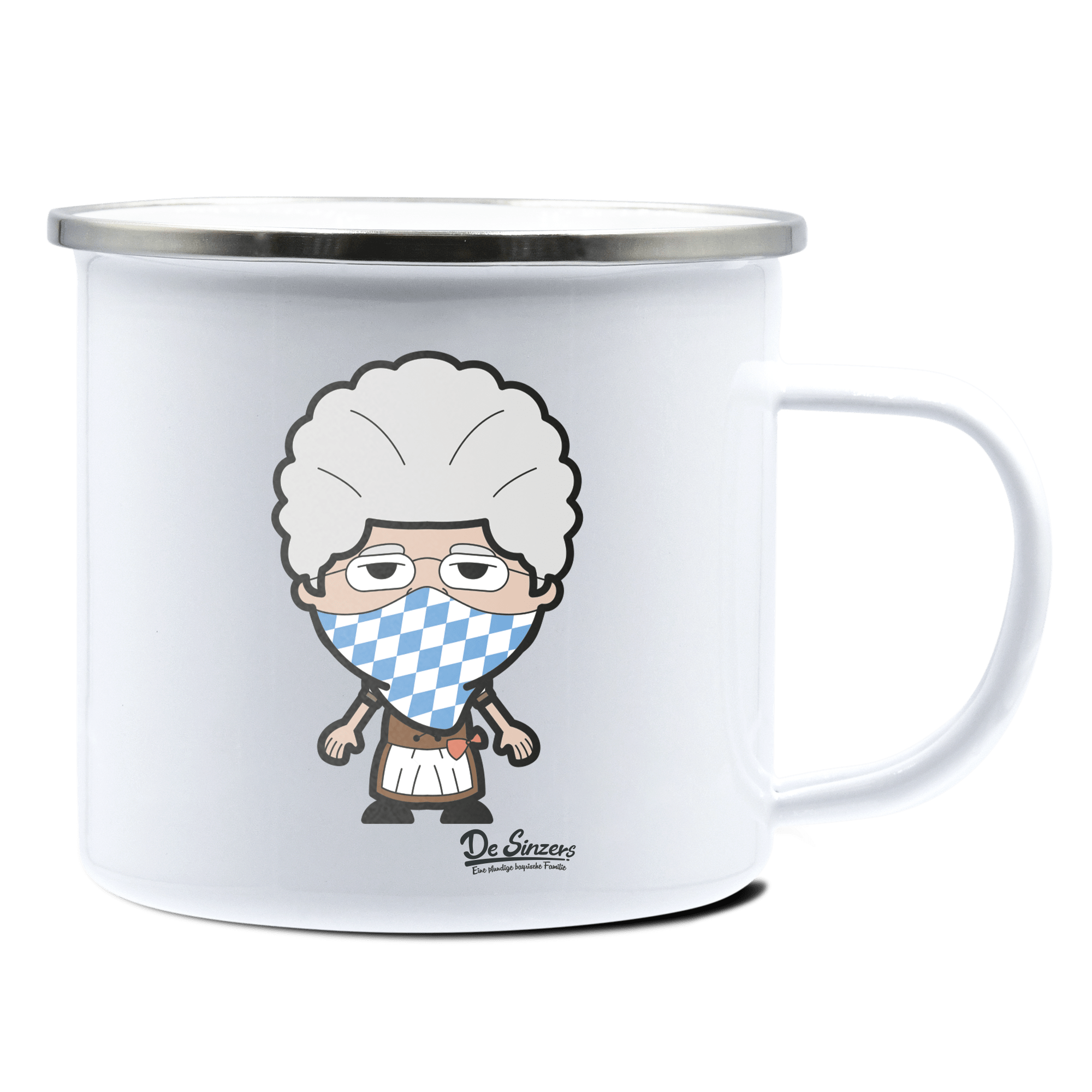 Die Oid Sinzerin Bayrisches Mundtuch Emaille Tasse 375ml Weiss Silber Kampenwand Front