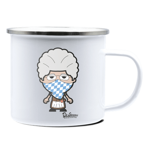 Die Oid Sinzerin Bayrisches Mundtuch Emaille Tasse 375ml Weiss Silber Kampenwand Front