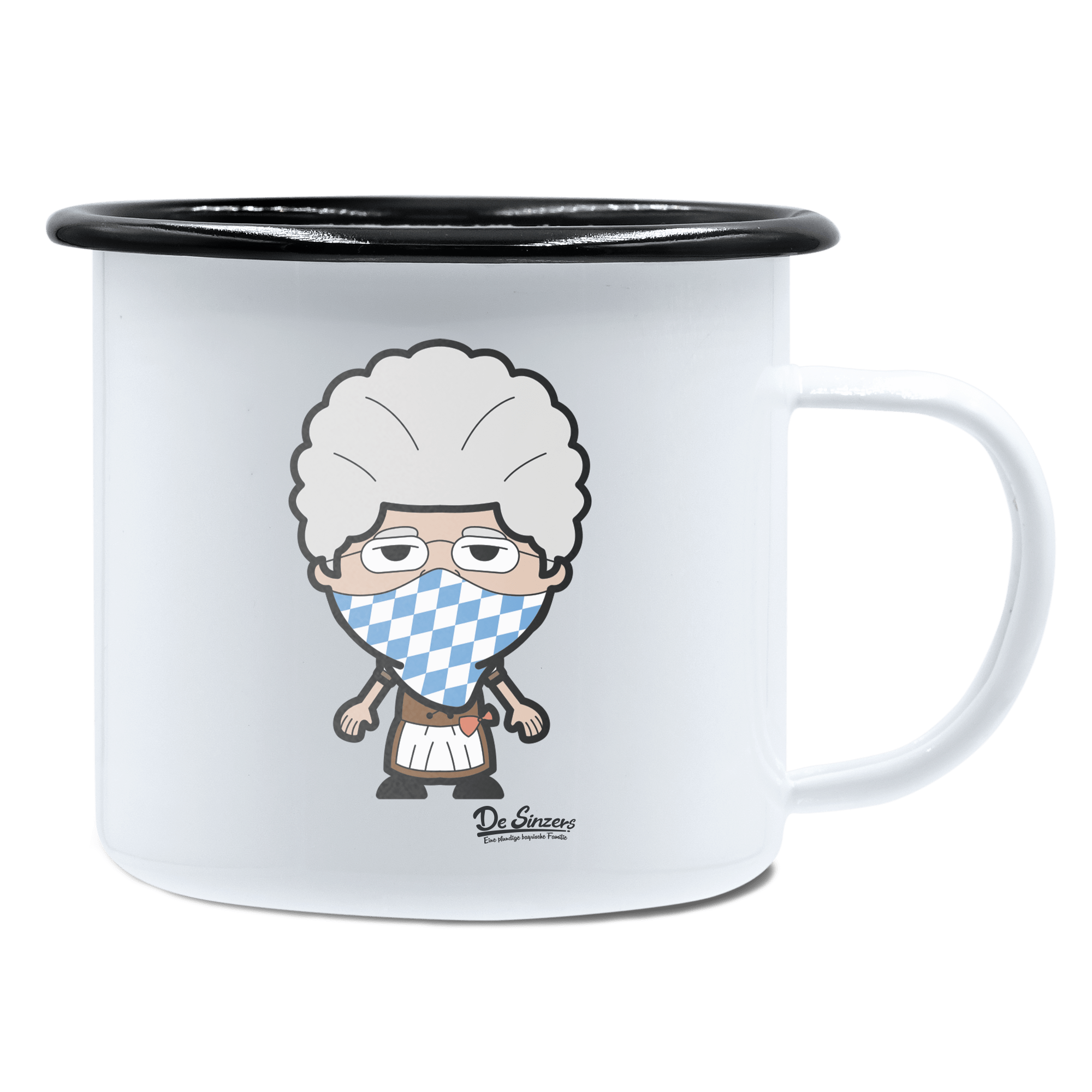 Die Oid Sinzerin Bayrisches Mundtuch Emaille Tasse 450ml Weiss Schwarz Spitzstein Front