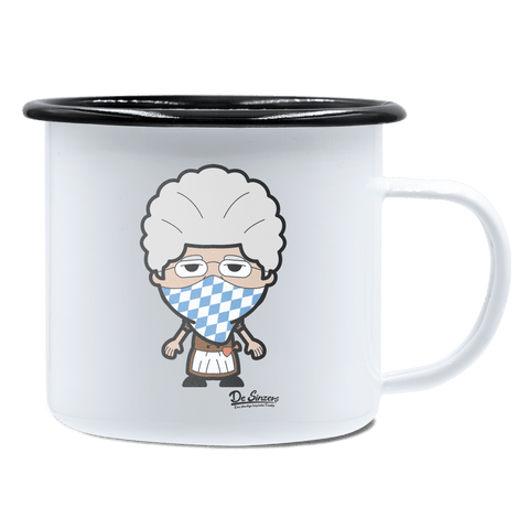 Die Oid Sinzerin Bayrisches Mundtuch Emaille Tasse 450ml Weiss Schwarz Spitzstein Front