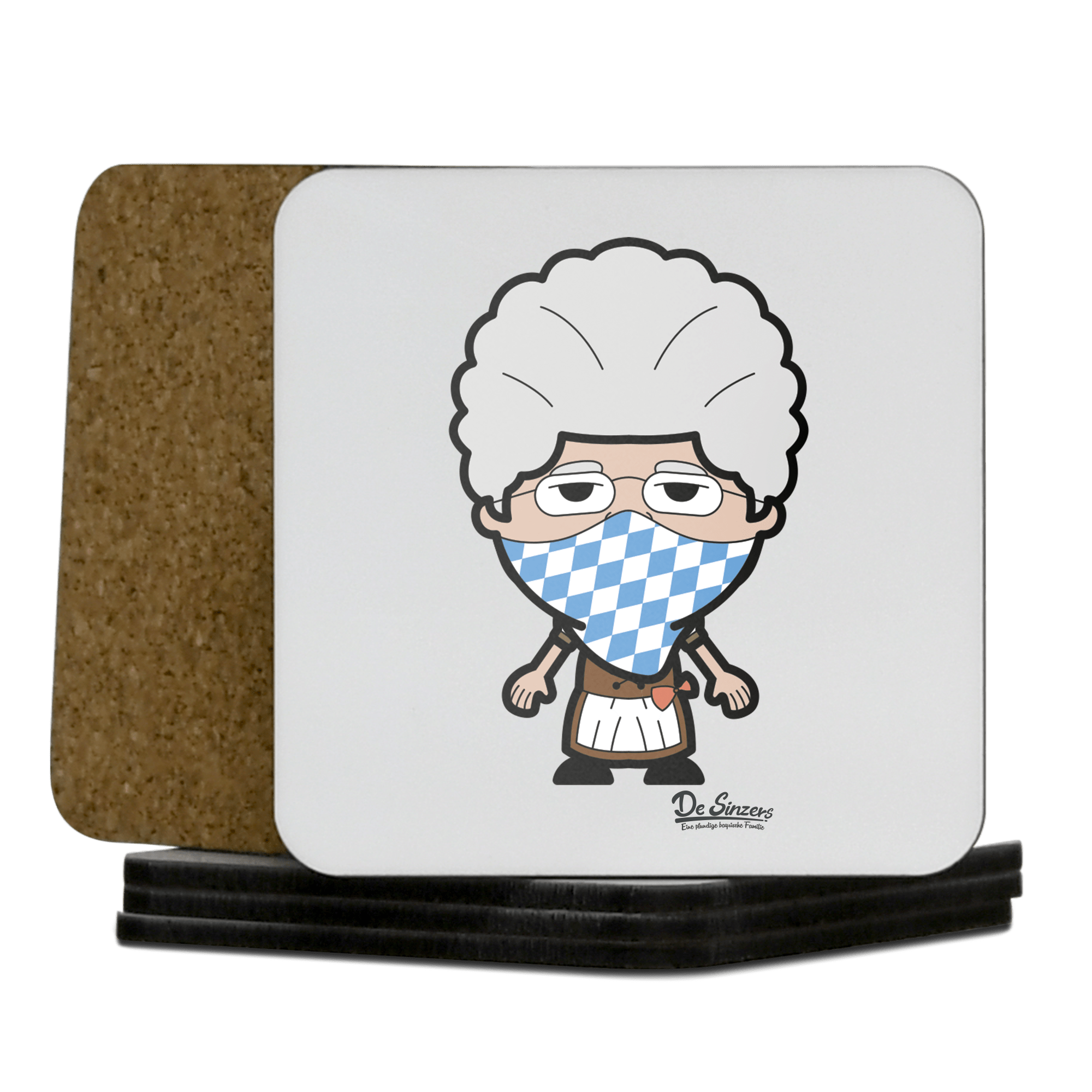 Die Oid Sinzerin Bayrisches Mundtuch Korkuntersetzer 5er Set 95 x 95 mm Weiss Karkopf Front