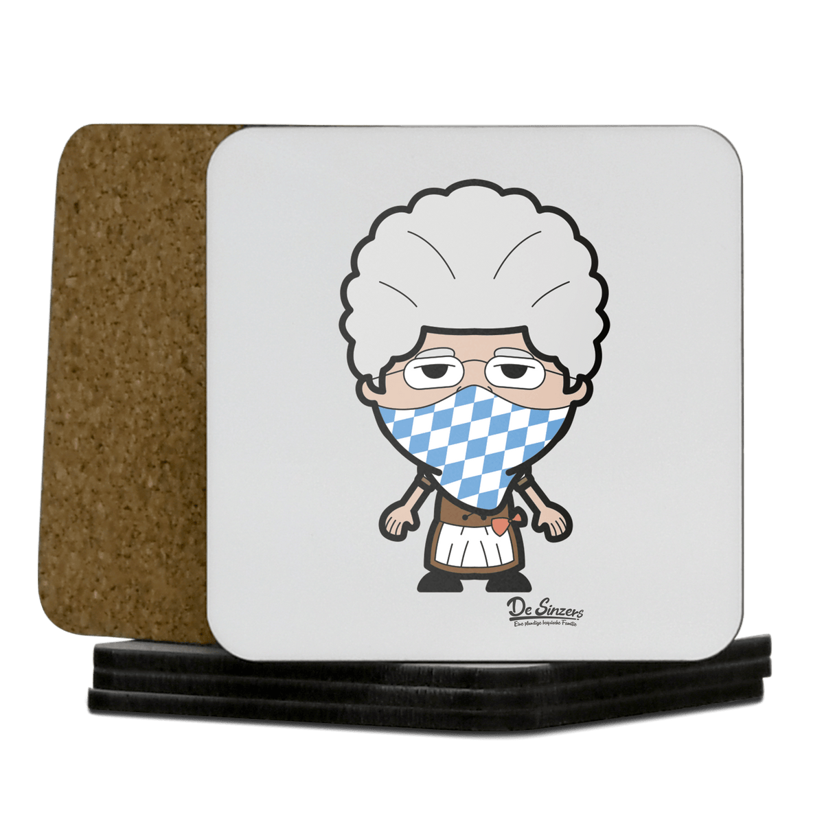 Die Oid Sinzerin Bayrisches Mundtuch Korkuntersetzer 5er Set 95 x 95 mm Weiss Karkopf Front