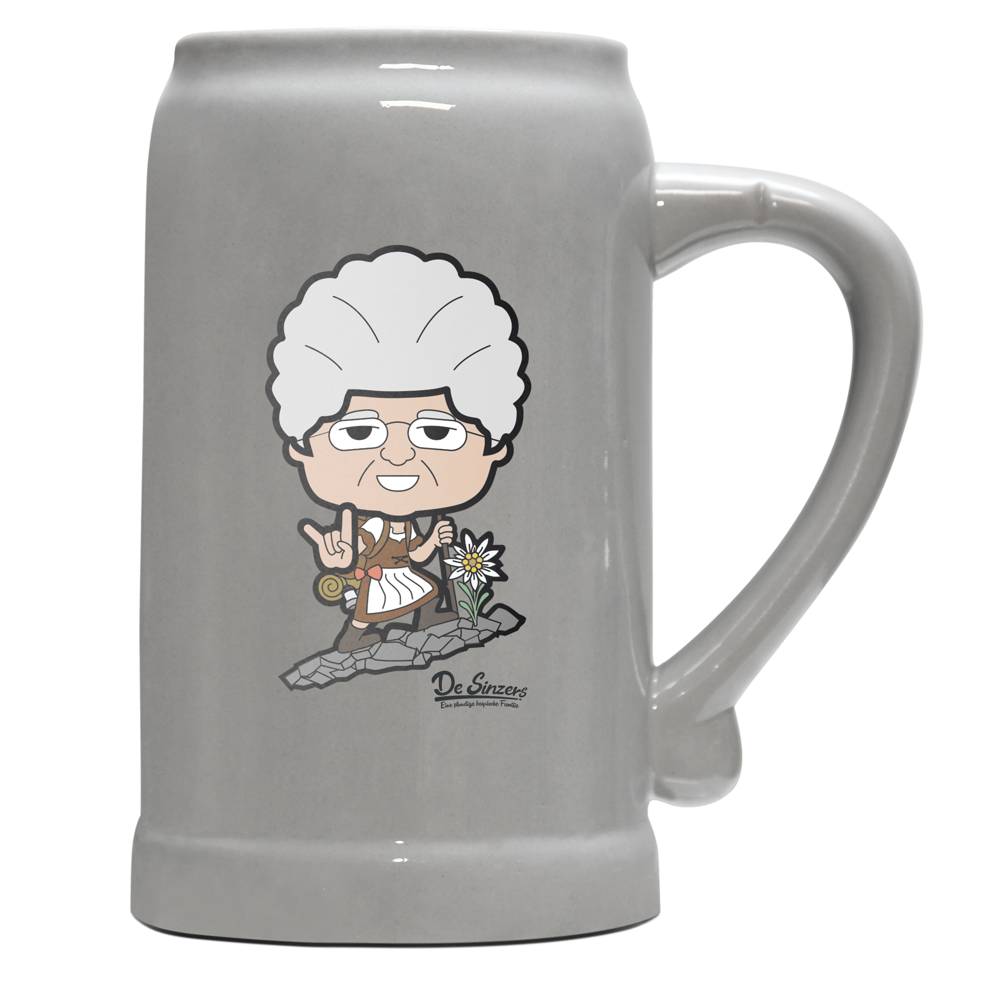 Die Oid Sinzerin Bergsteiger Bierkrug 1000ml Grau Zugspitze Front