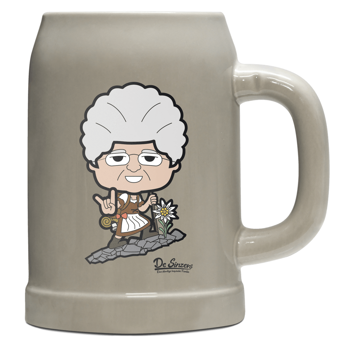 Die Oid Sinzerin Bergsteiger Bierkrug 500ml Grau Watzmann Front
