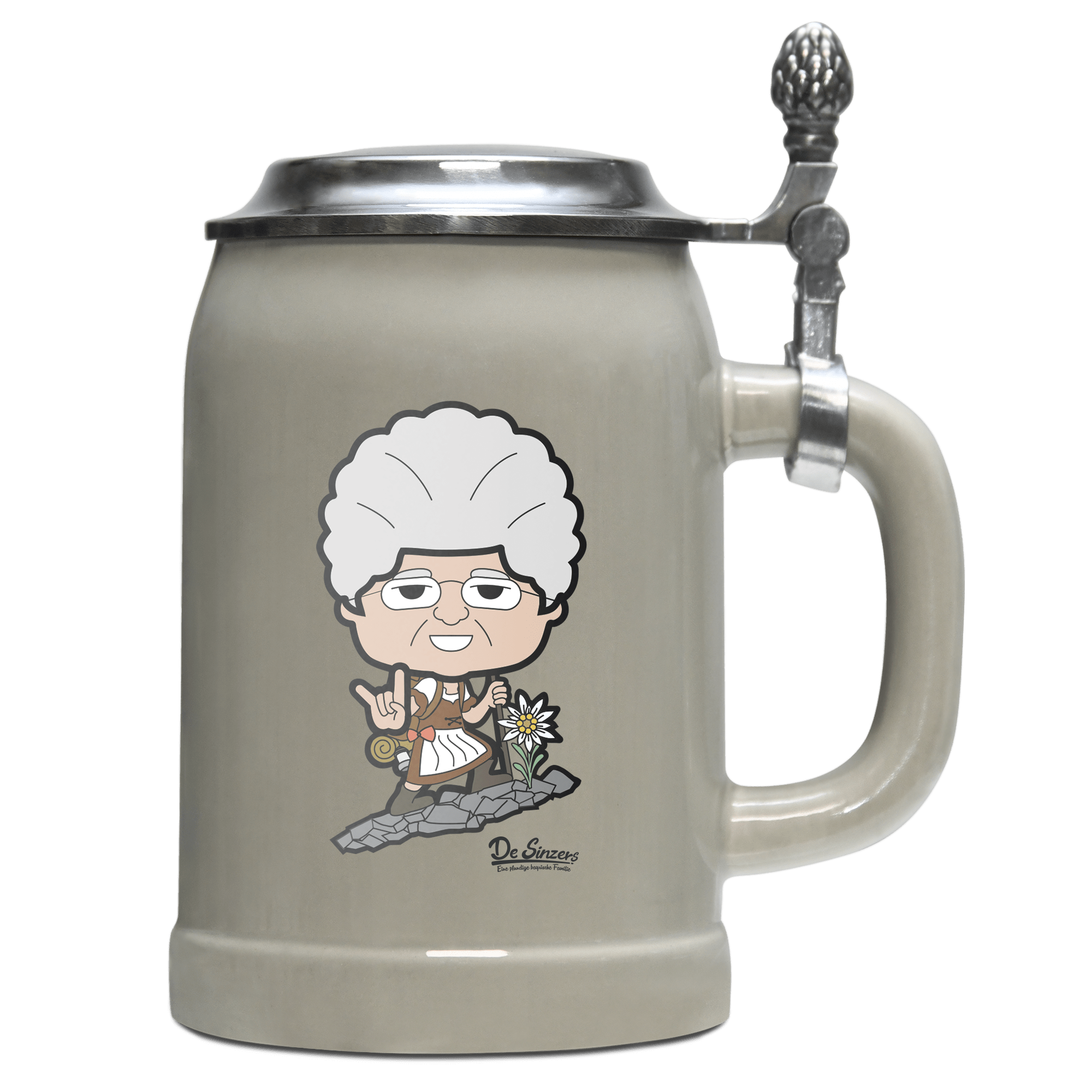 Die Oid Sinzerin Bergsteiger Bierkrug 500ml Grau mit Deckel Hocheck Front