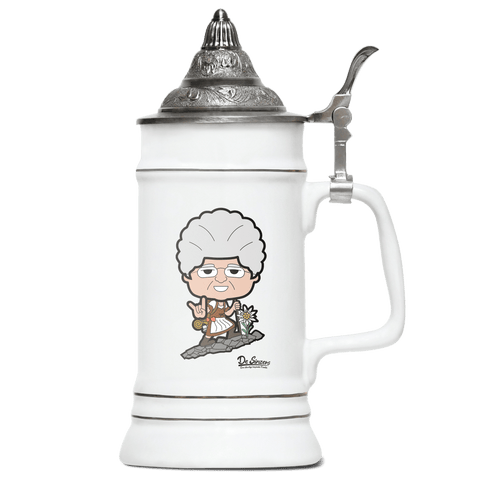 Die Oid Sinzerin Bergsteiger Bierkrug 500ml Weiss mit Spitzdeckel Wendelstein Front