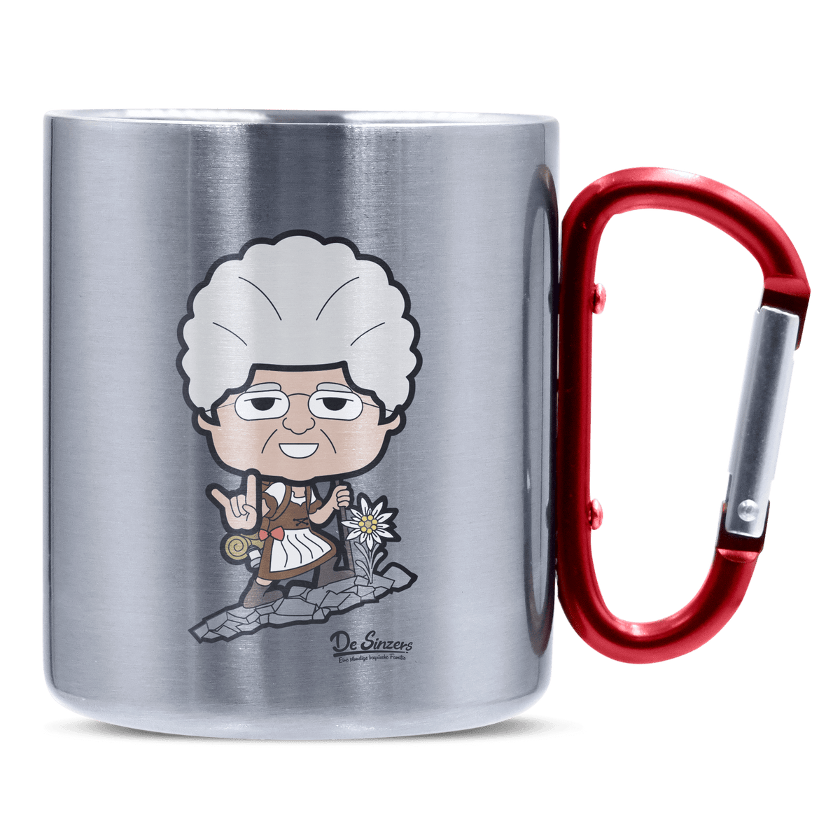 Die Oid Sinzerin Bergsteiger Edelstahl Kaffeetasse roter Karabiner 320ml Kitzstein Front