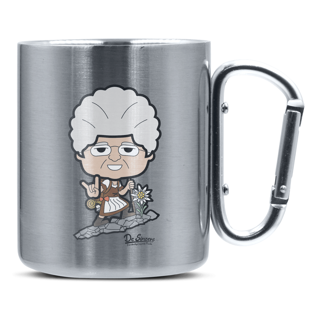 Die Oid Sinzerin Bergsteiger Edelstahl Kaffeetasse silberer Karabiner 320ml Grosser Traithen Front