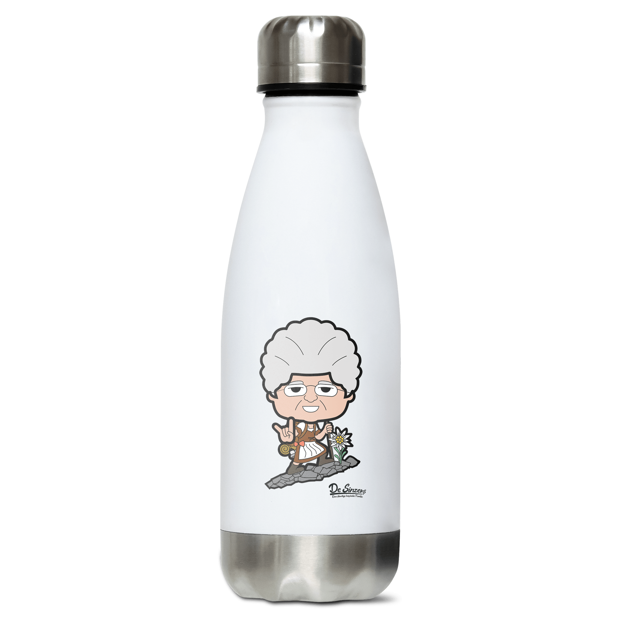 Die Oid Sinzerin Bergsteiger Edelstahl Thermoflasche 350ml Weiss Silber Kreuzspitze Front