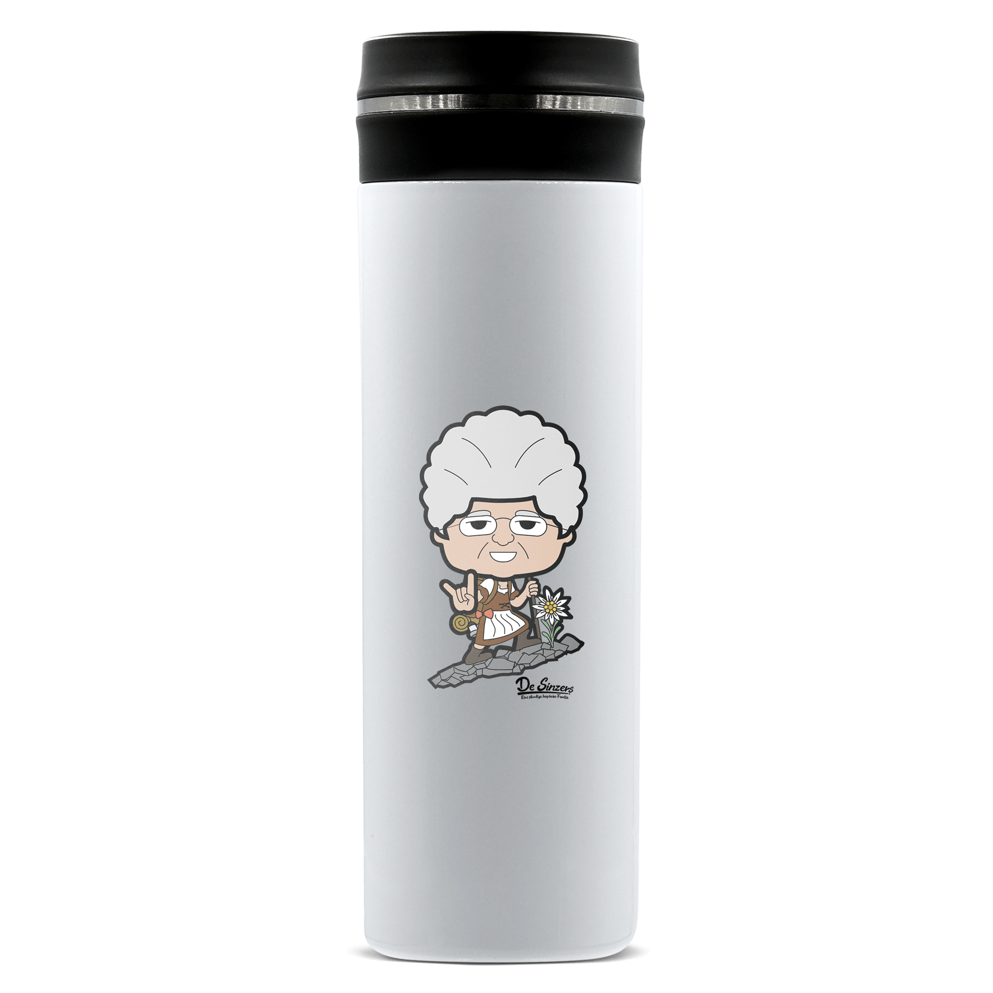 Die Oid Sinzerin Bergsteiger Edelstahl Thermoflasche 450ml Weiss Geigelstein Front
