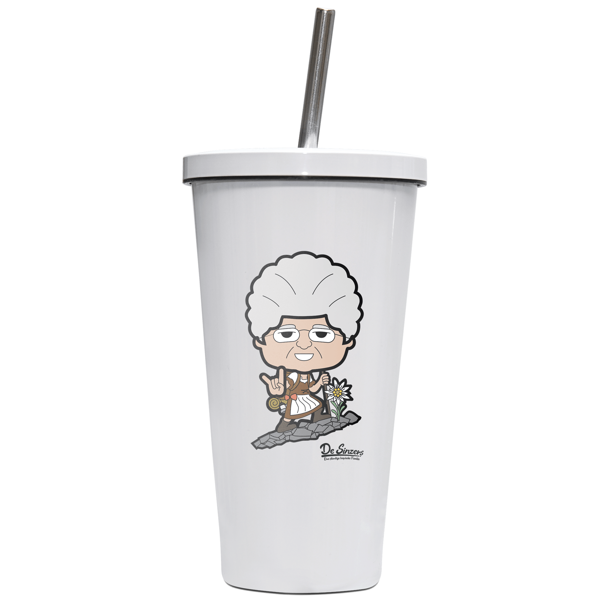 Die Oid Sinzerin Bergsteiger Edelstahl Trinkbecher mit Strohhalm 480ml Weiss Krottenkopf Front