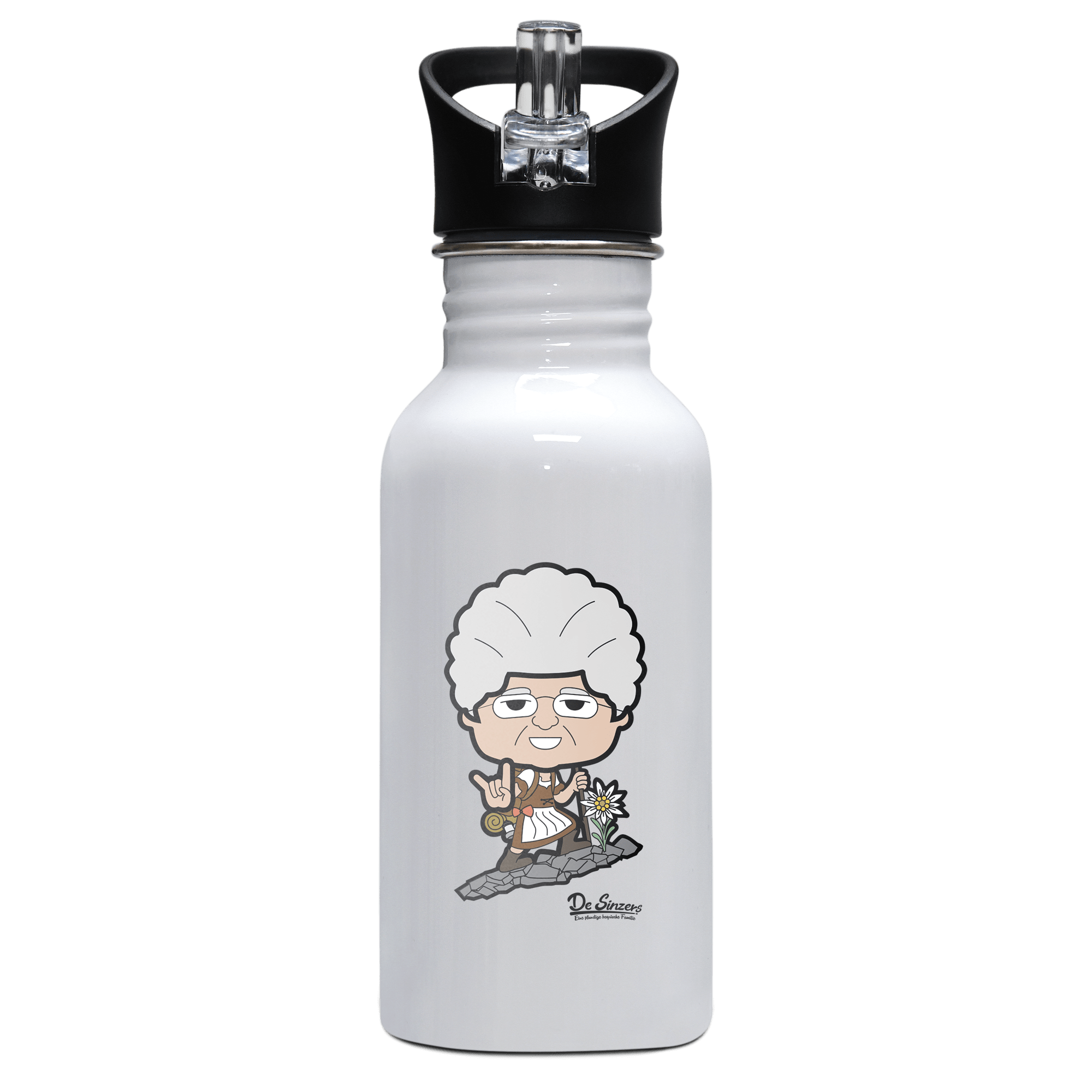 Die Oid Sinzerin Bergsteiger Edelstahl Trinkflasche mit klappbarem Mundstueck 500ml Weiss Rotwand Front