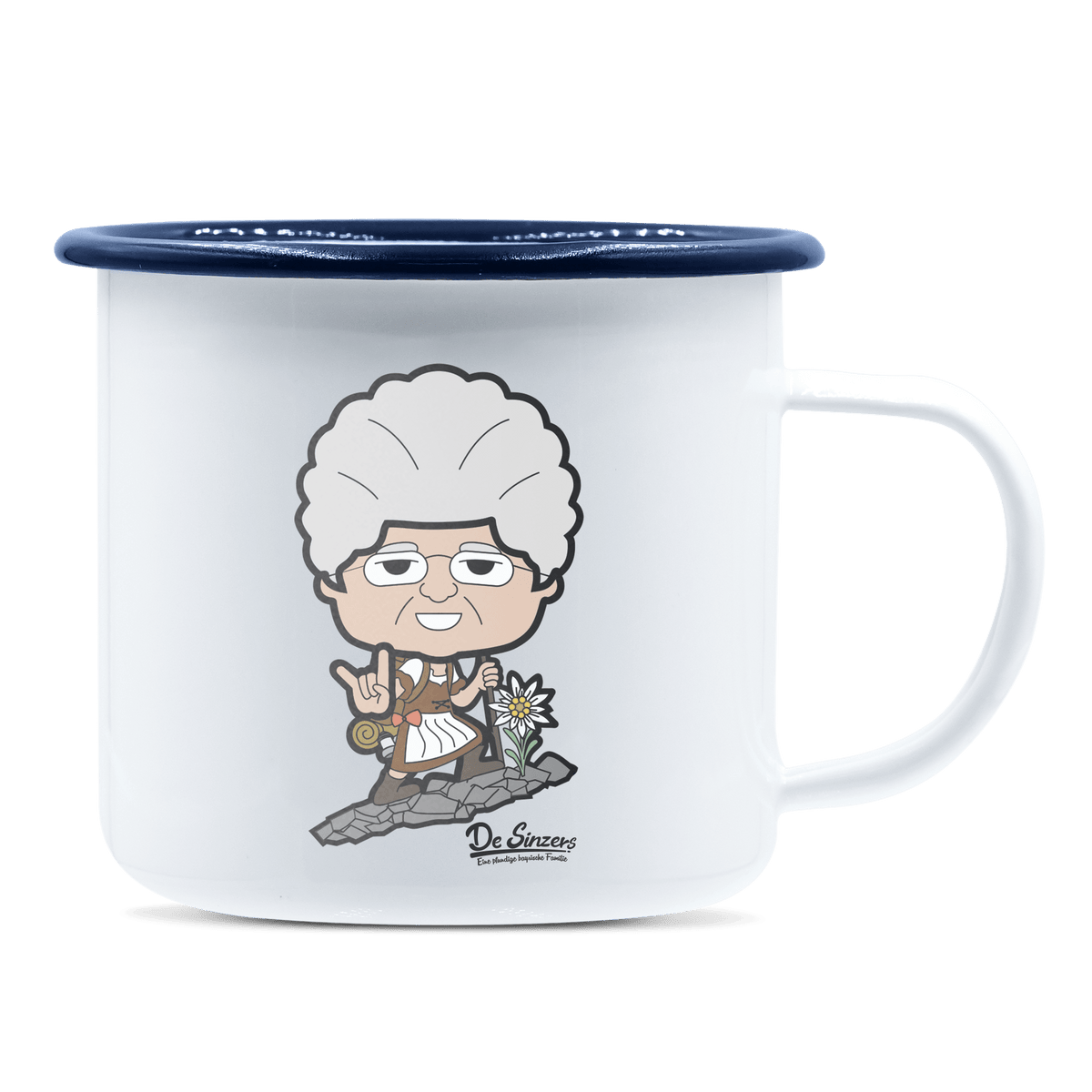 Die Oid Sinzerin Bergsteiger Emaille Tasse 375ml Weiss Blau Heuberg Front