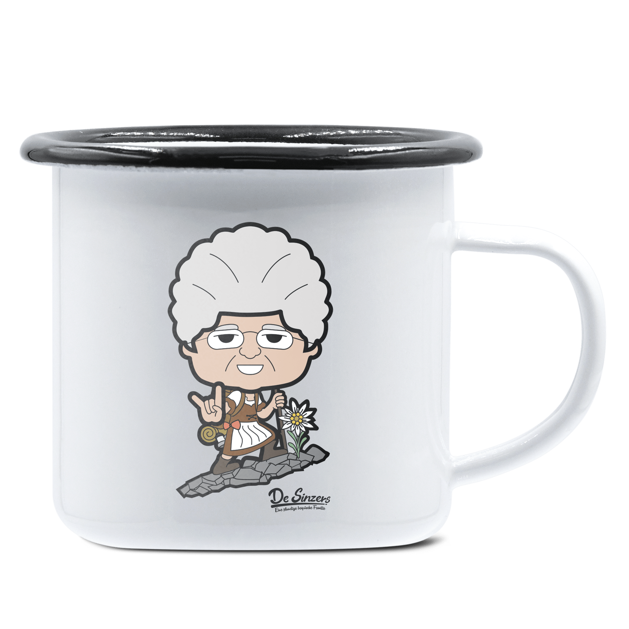 Die Oid Sinzerin Bergsteiger Emaille Tasse 375ml Weiss Schwarz Hochries Front 1