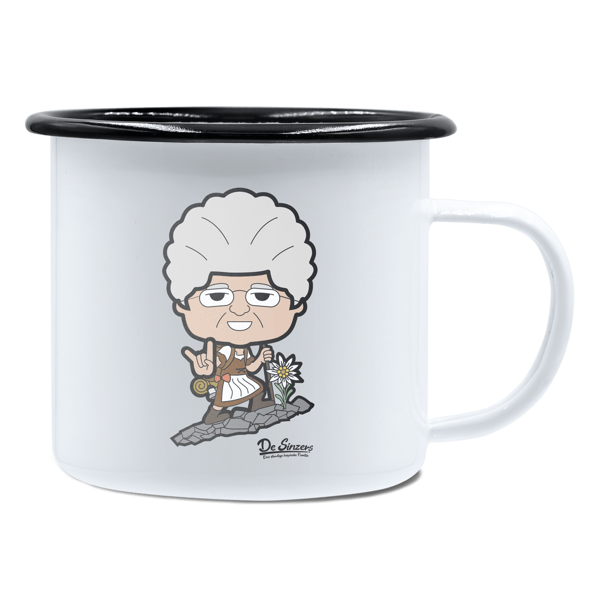 Die Oid Sinzerin Bergsteiger Emaille Tasse 450ml Weiss Schwarz Spitzstein Front