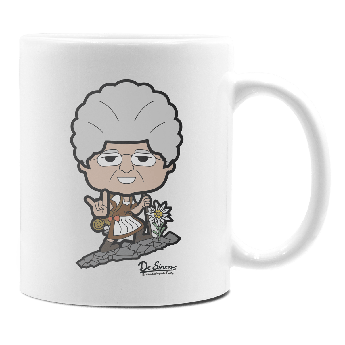 Die Oid Sinzerin Bergsteiger Keramik Kaffeetasse 330ml Weiss Rampoldplatte Front