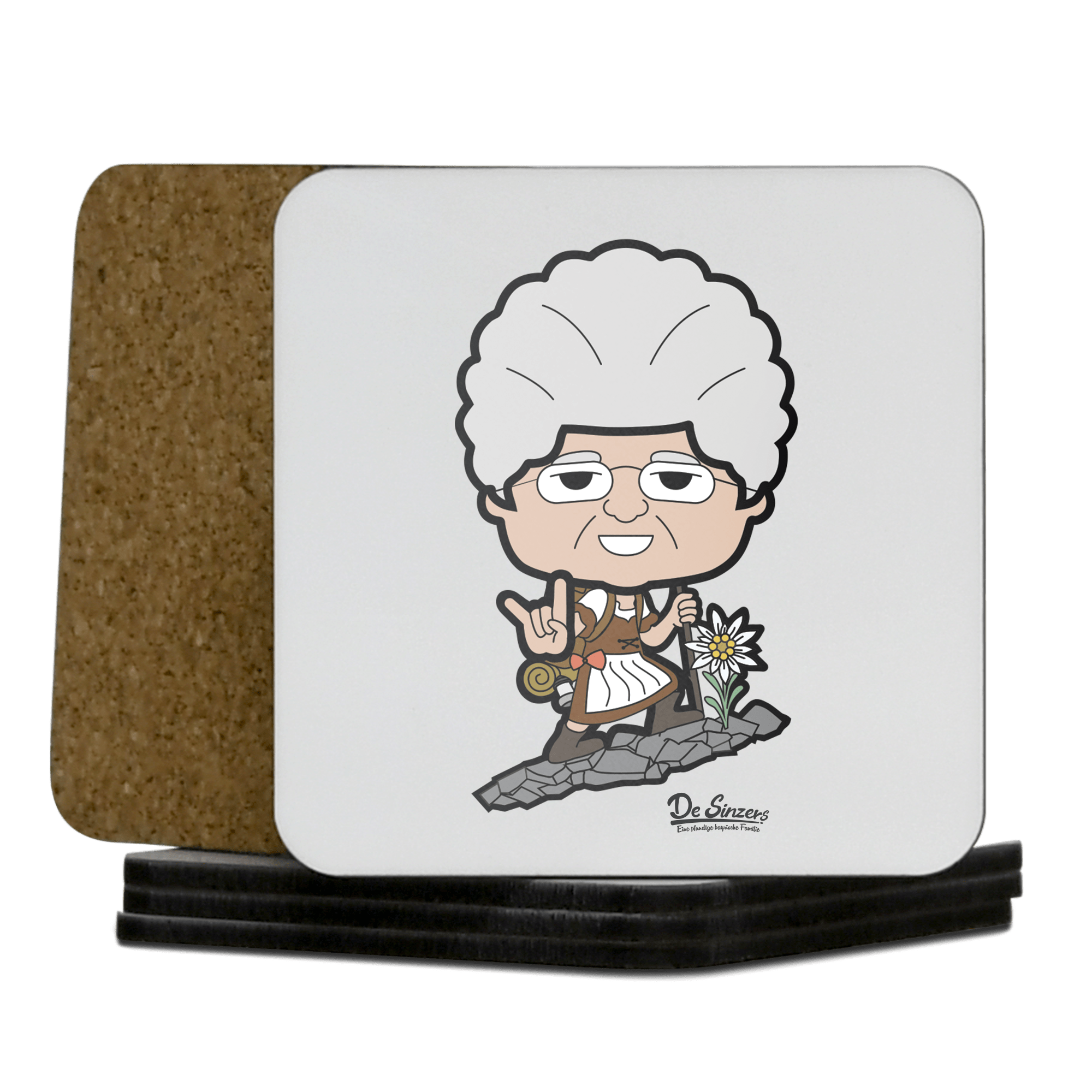 Die Oid Sinzerin Bergsteiger Korkuntersetzer 5er Set 95 x 95 mm Weiss Karkopf Front