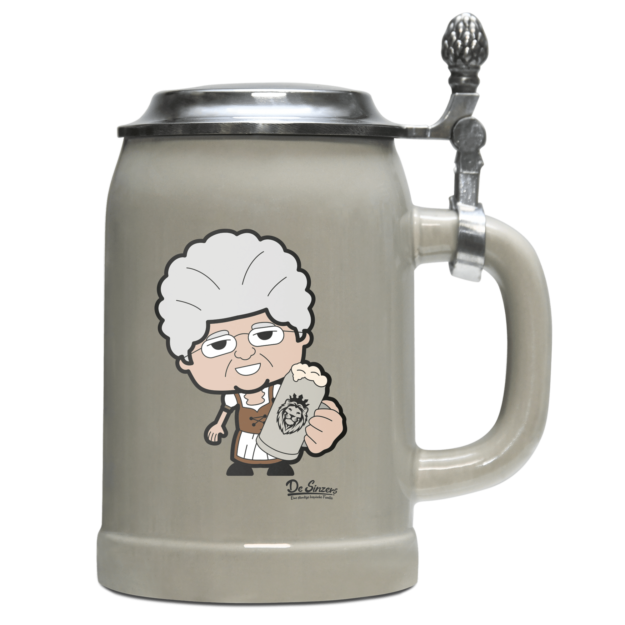 Die Oid Sinzerin Bier Bierkrug 500ml Grau mit Deckel Hocheck Front