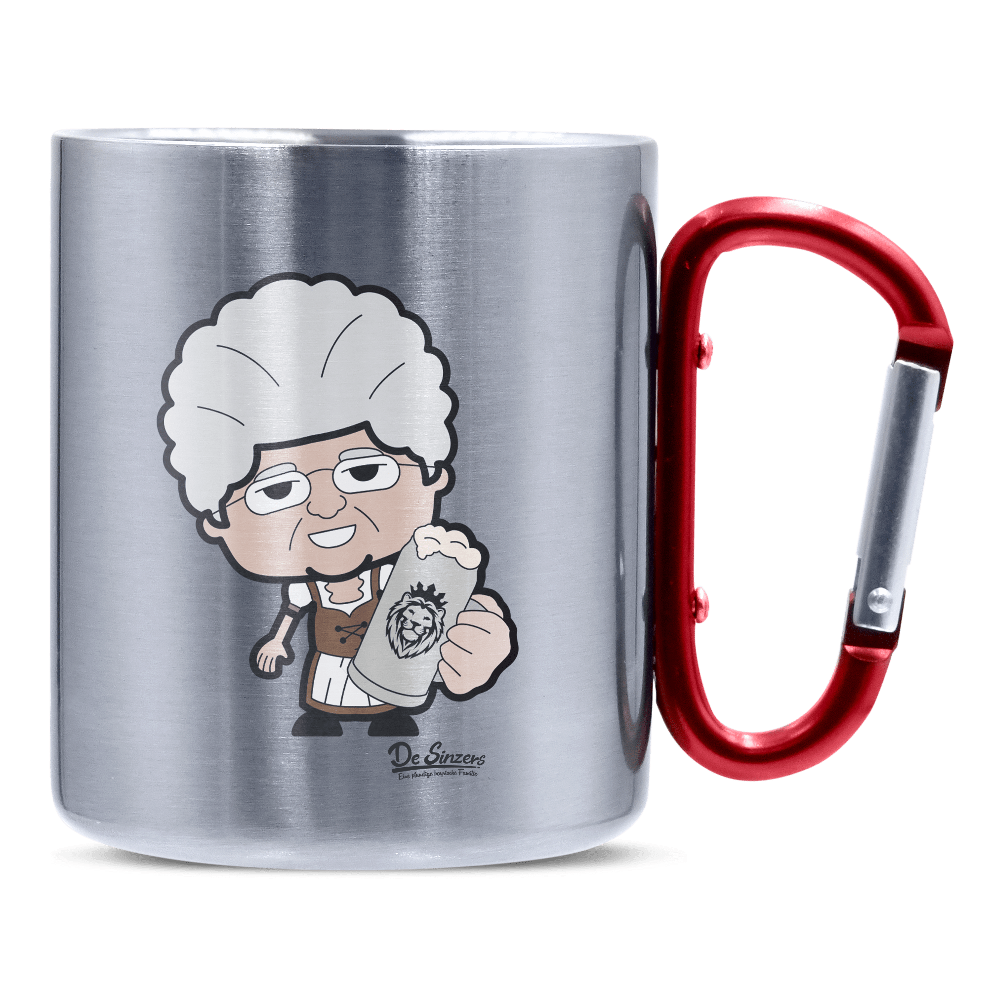 Die Oid Sinzerin Bier Edelstahl Kaffeetasse roter Karabiner 320ml Kitzstein Front