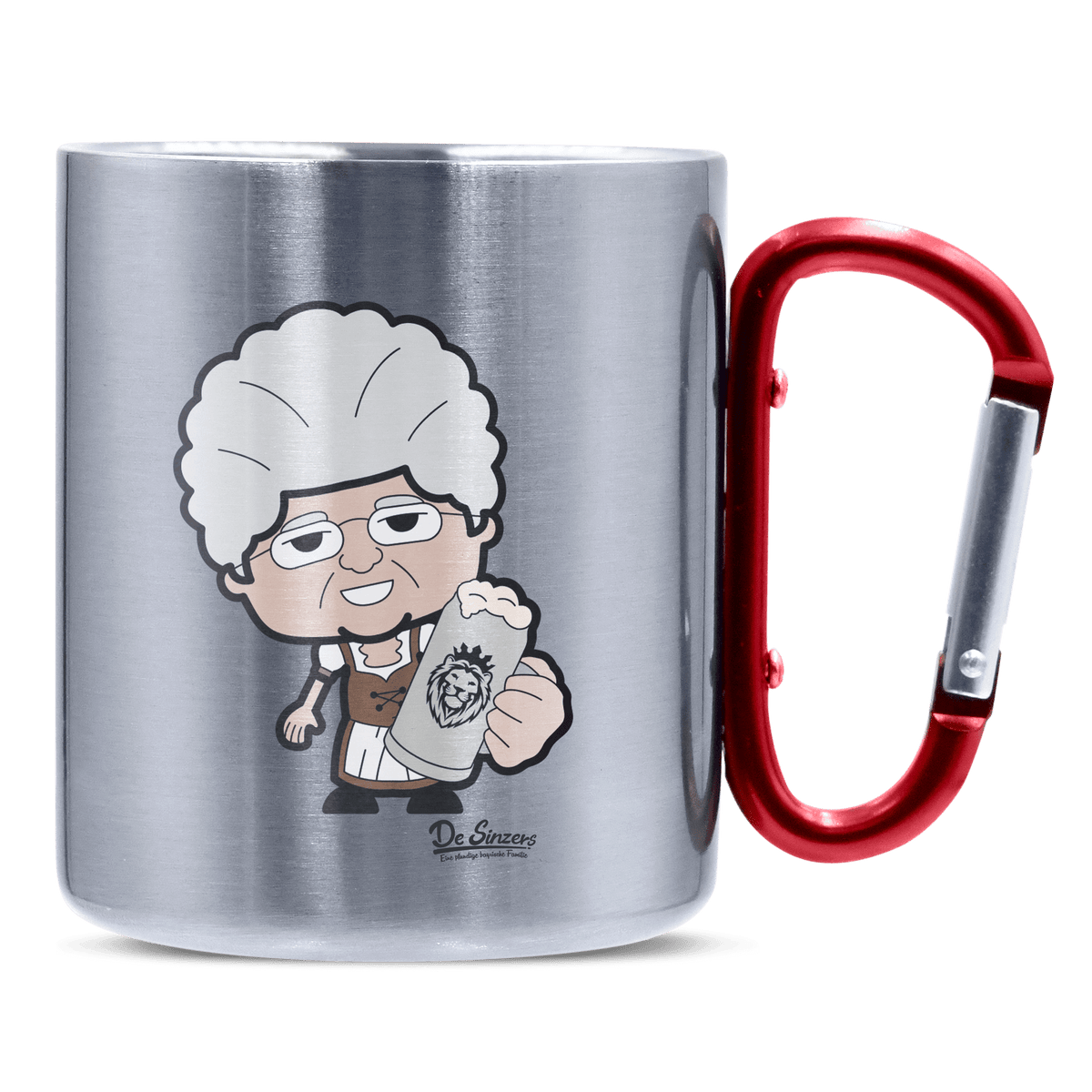 Die Oid Sinzerin Bier Edelstahl Kaffeetasse roter Karabiner 320ml Kitzstein Front