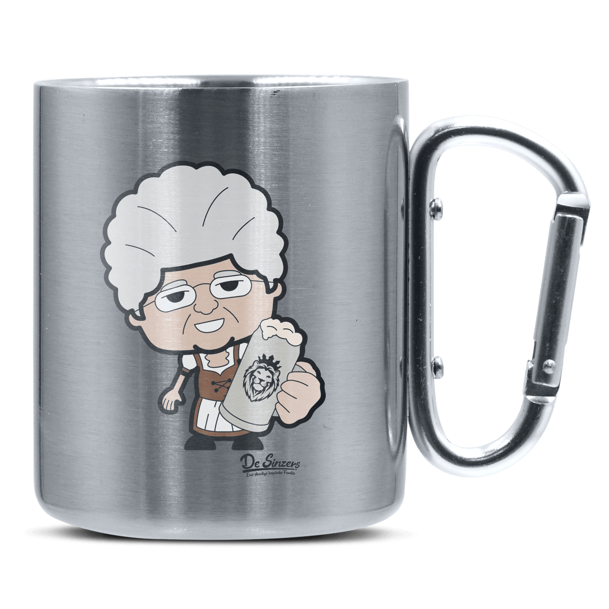 Die Oid Sinzerin Bier Edelstahl Kaffeetasse silberer Karabiner 320ml Grosser Traithen Front