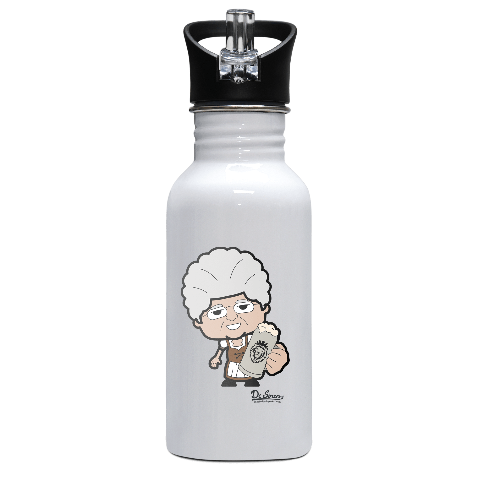 Die Oid Sinzerin Bier Edelstahl Trinkflasche mit klappbarem Mundstueck 500ml Weiss Rotwand Front