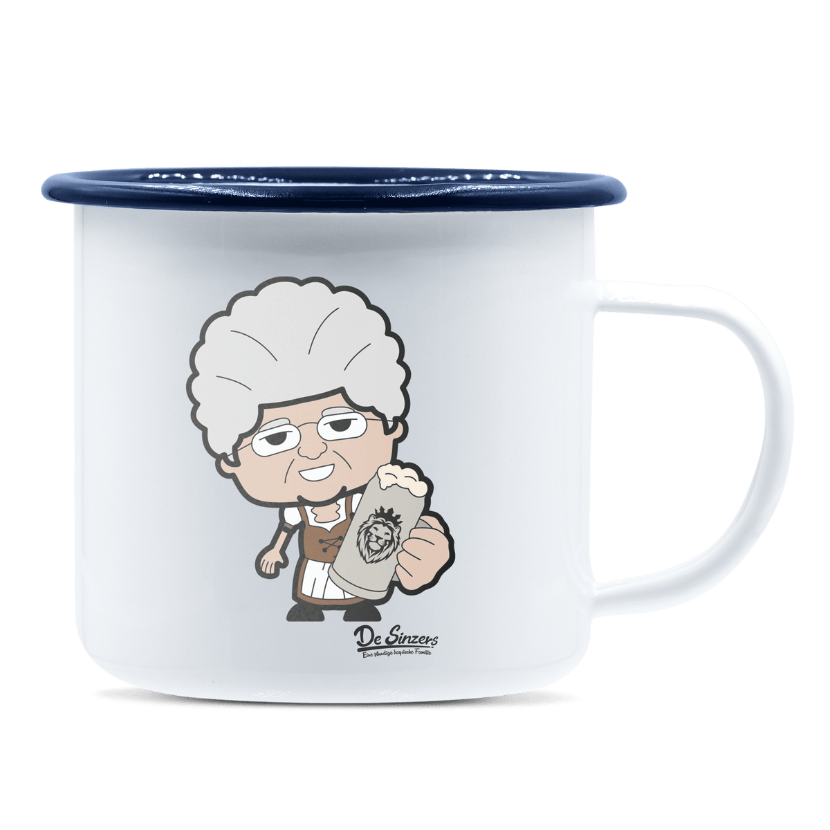 Die Oid Sinzerin Bier Emaille Tasse 375ml Weiss Blau Heuberg Front