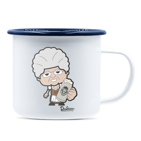 Die Oid Sinzerin Bier Emaille Tasse 375ml Weiss Blau Heuberg Front