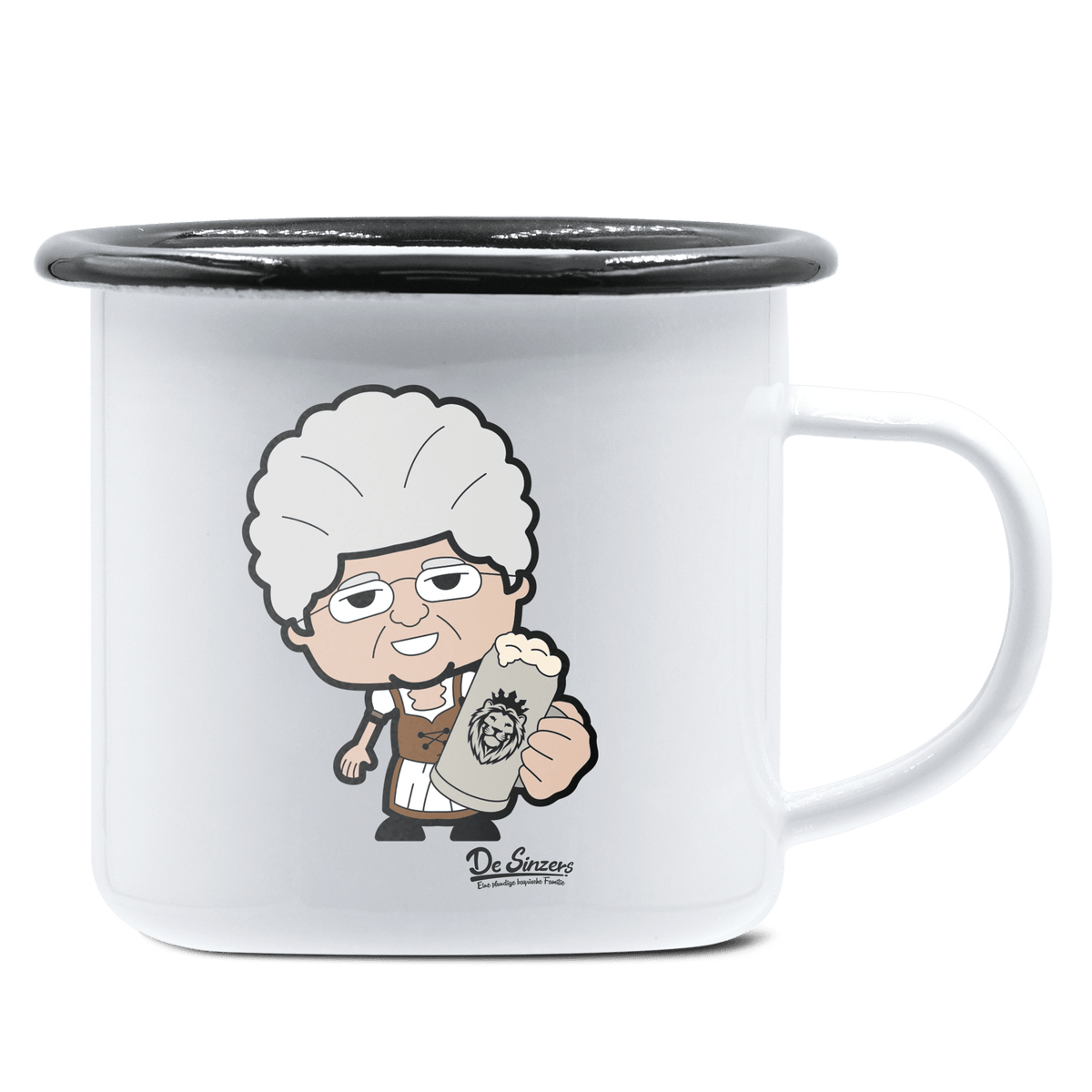 Die Oid Sinzerin Bier Emaille Tasse 375ml Weiss Schwarz Hochries Front