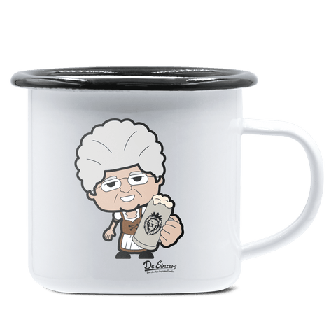 Die Oid Sinzerin Bier Emaille Tasse 375ml Weiss Schwarz Hochries Front