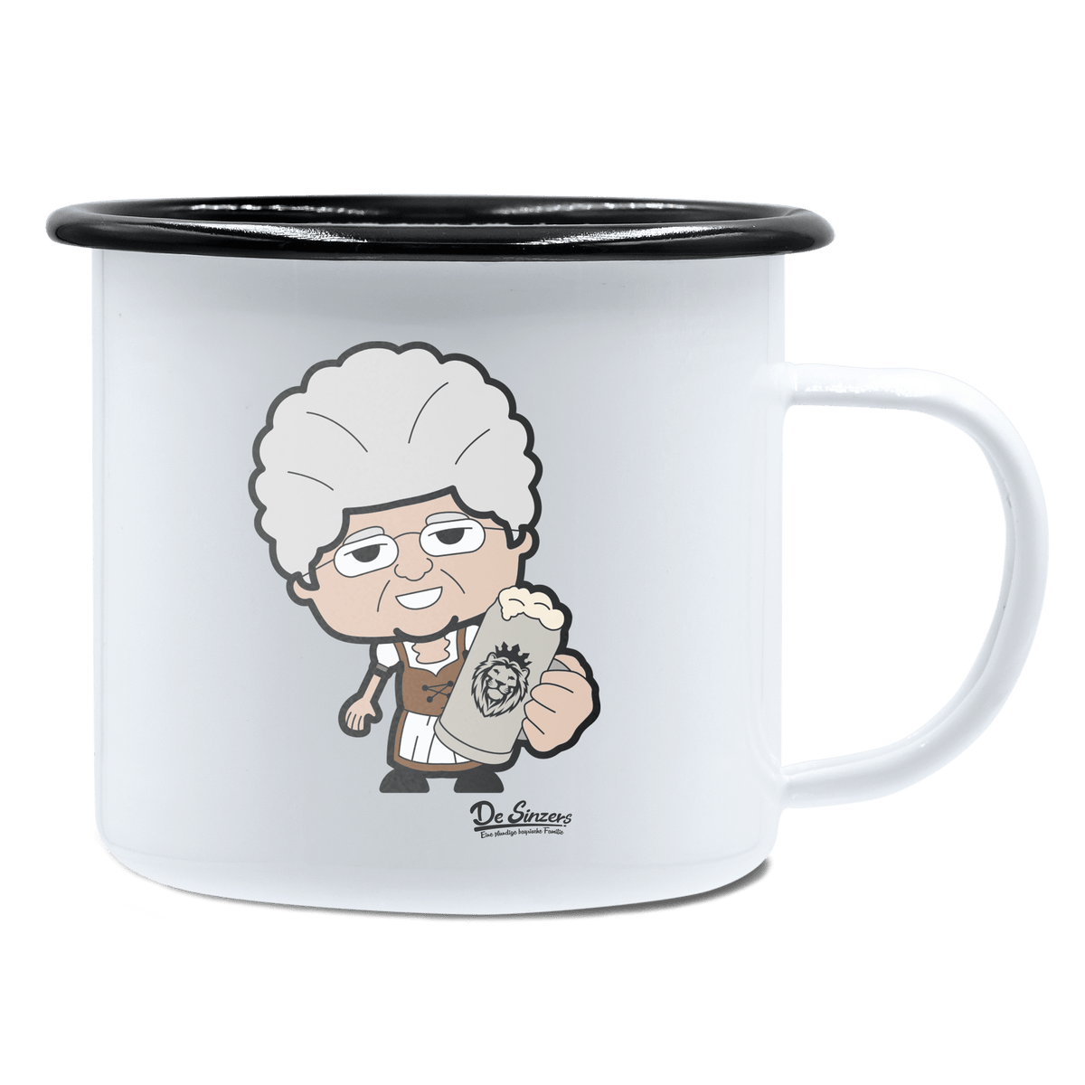 Die Oid Sinzerin Bier Emaille Tasse 450ml Weiss Schwarz Spitzstein Front