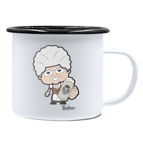 Die Oid Sinzerin Bier Emaille Tasse 450ml Weiss Schwarz Spitzstein Front