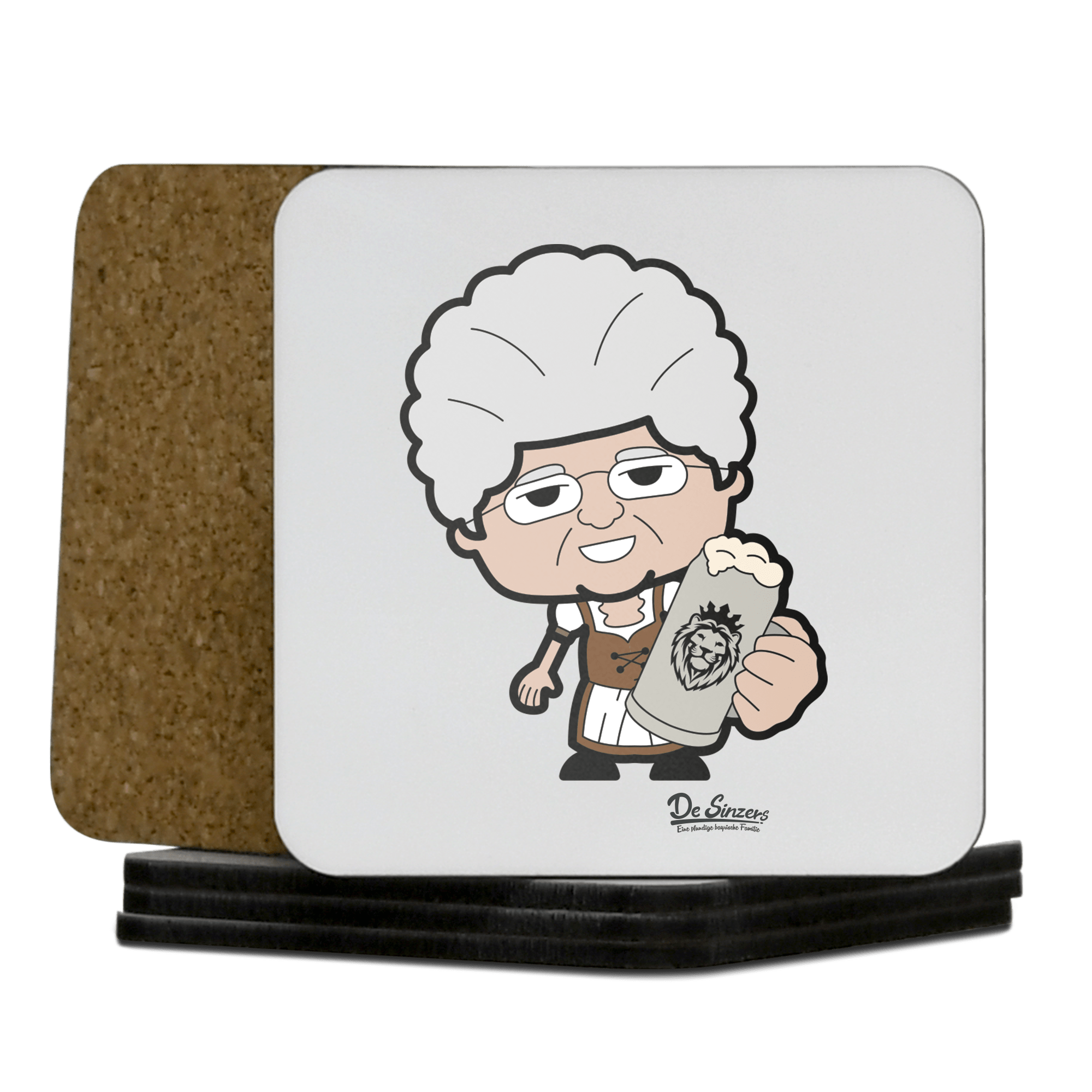 Die Oid Sinzerin Bier Korkuntersetzer 5er Set 95 x 95 mm Weiss Karkopf Front