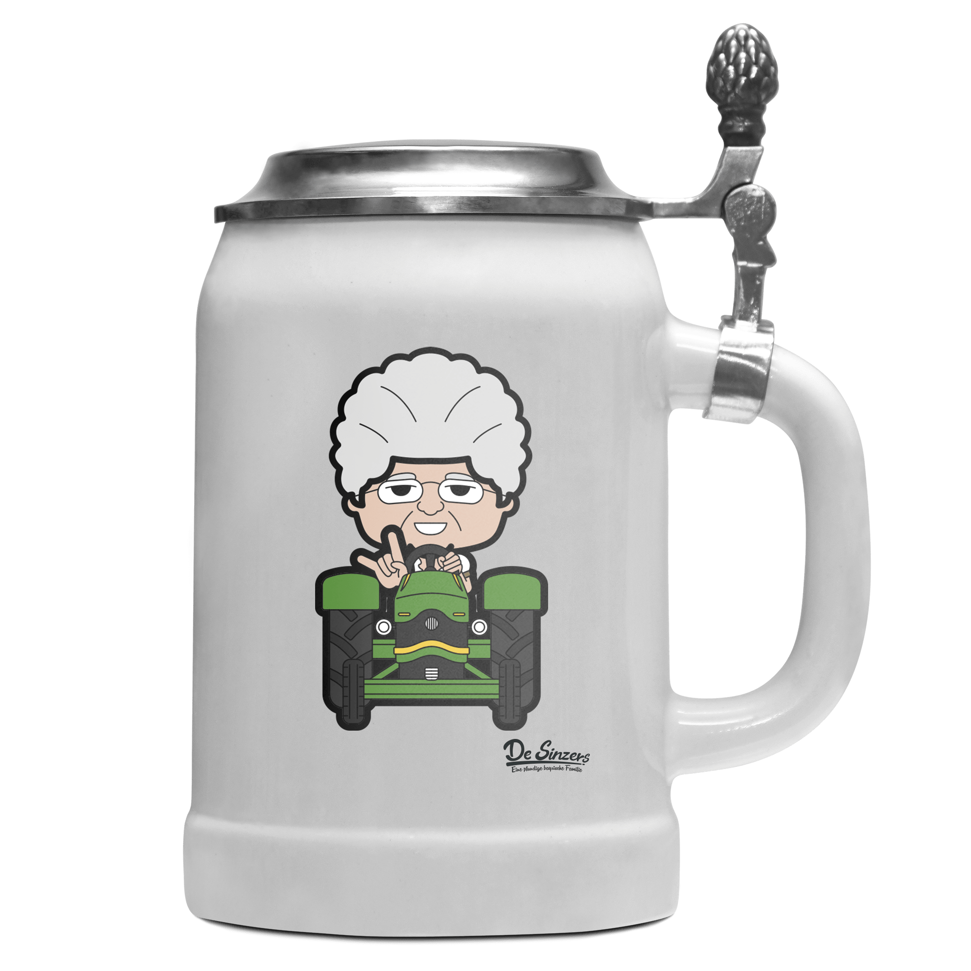 Die Oid Sinzerin Bulldog Bierkrug 500ml Weiss mit Deckel Wetterspitzen Front