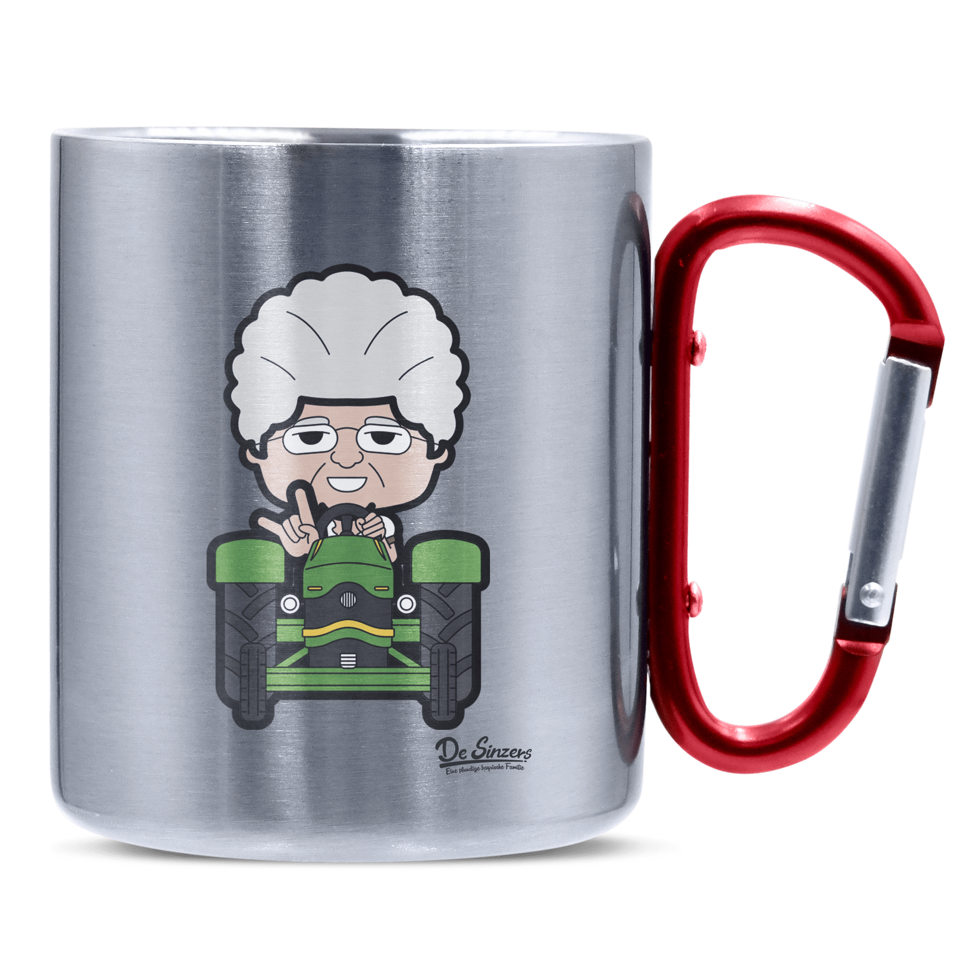 Die Oid Sinzerin Bulldog Edelstahl Kaffeetasse roter Karabiner 320ml Kitzstein Front
